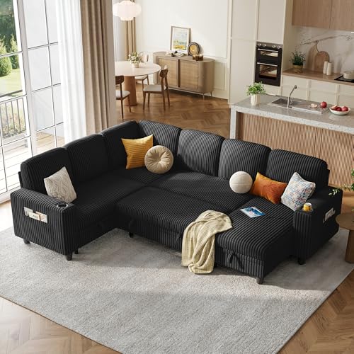 Image of LINSY HOME Sectional Sleeper Sofa with Pull Out Couch Bed - Convertible Plush Corduroy Cloud Couch with Storage Chaise & USB Charging, Comfy Modular Couches for Living Room, Black