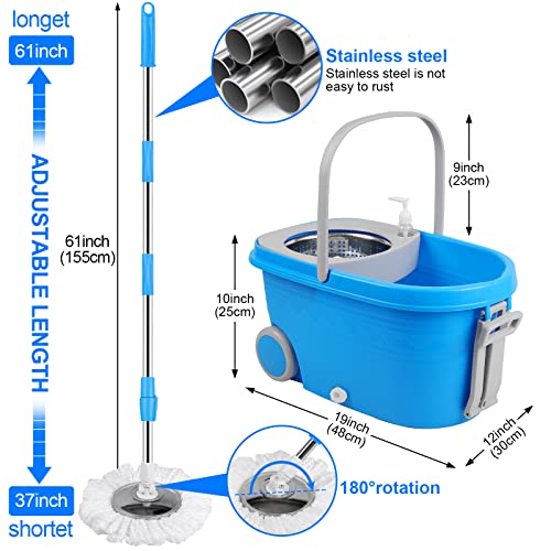 Wischeimer mit Auswringer-Set, verlängerter Edelstahlgriff, 3 Mikrofaser-Ersatz-Moppkopf-Nachfüllungen, 2 Räder für Haushaltsreinigung, Hartholzbodenfliesen, Blau/Grau – Bild 3