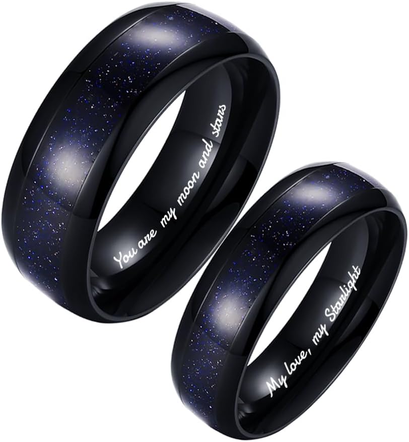 Personalized Promise Rings for Women/Men, Custom Promise Rings for Her, Promise Rings for Couples, Matching Couple Rings for Him and Her, Blue Sandstone Filled Wedding Engagement Ring 8mm/6mm Bands