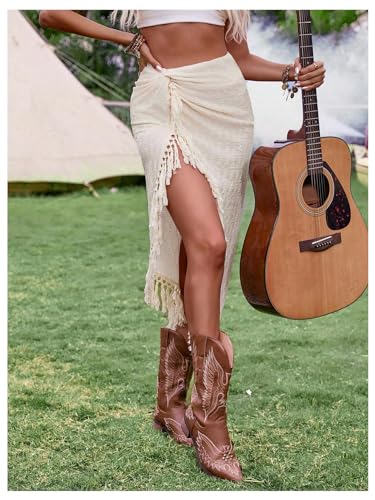 SHENHE Women's Twist Front High Slit Fringe Skirt Asymmetrical Tassel Boho Midi Skirt4