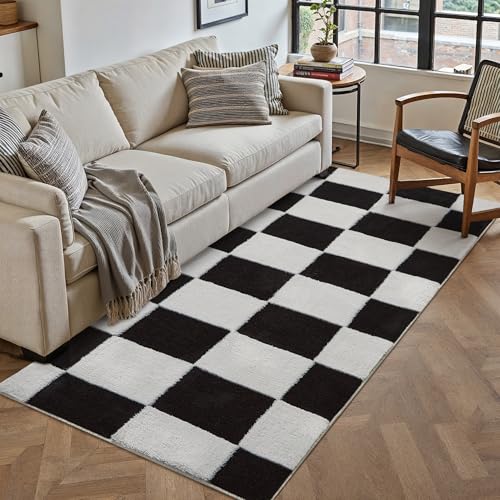 Kariert Läufer Flur Teppich 60x240cm Schwarz Weiß Küche Waschbarer Teppiche 3D Effekt Schlafzimmer Bettvorleger Kinderzimmer Kinderteppich Esszimmer Kurzflor Weich rutschfest Langer Carpet S