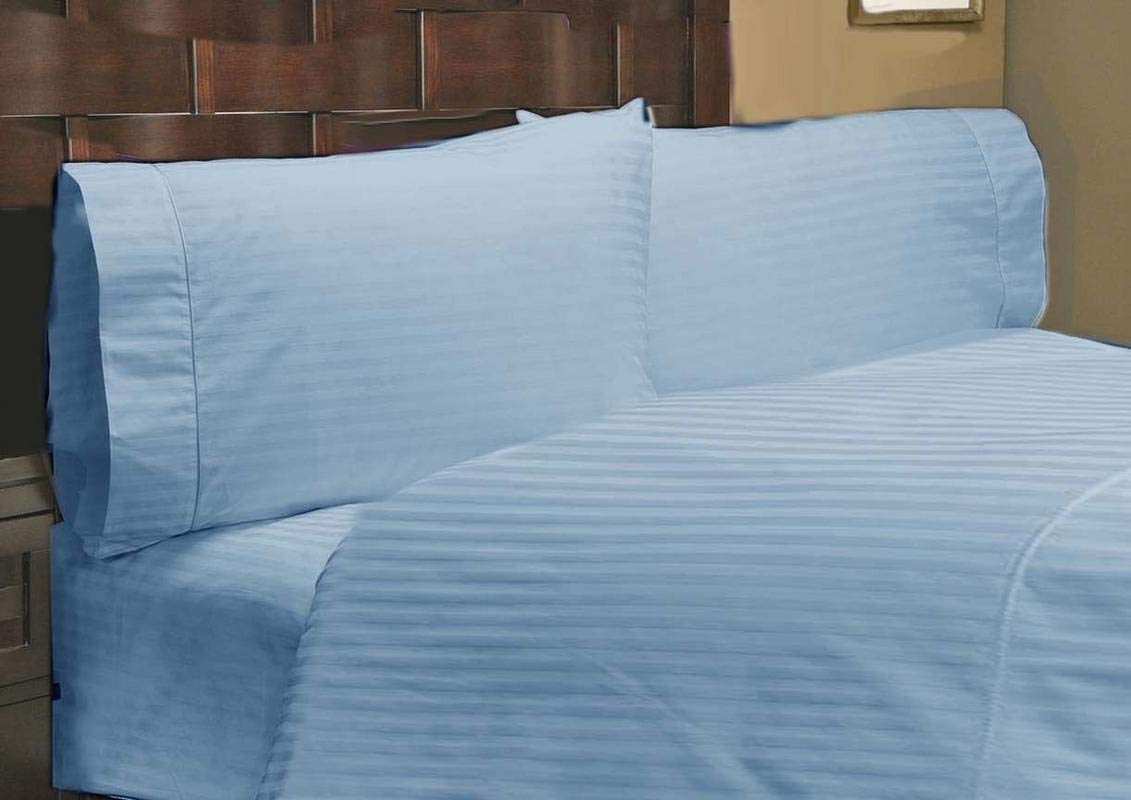 LUXURIOUS BEDDING 800-Thread-Count Egyptian Cotton Wrinkle Resistant 25" Deep Pocket 4 PC Sheet Set (1 Fitted + 1 Flat + 2 Pillow Cases) Emperor Size Sky Blue Striped