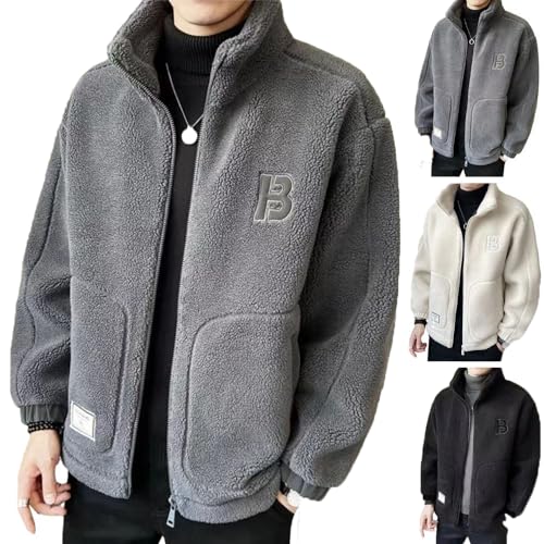 DYJAGYO Men's Faux Wool Thick Jacket, Men's Solid Colour Loose Warm Jacket, Fleece Jacket, Men's Fashion Casual Coat (Grey,Large)