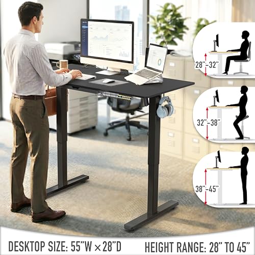Image of SHW 55 x 28 Inches Electric Height Adjustable Standing Desk with Drawer and Memory Preset, Black