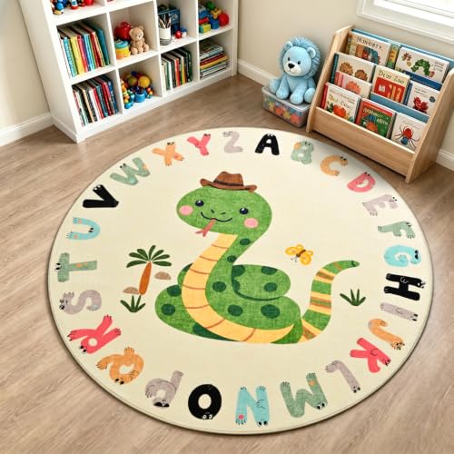 TWINNIS Kids Animal Print Round Rug for Playroom, Alphabet Washable Area Rugs for Boy Girl Baby Toddler Children, 5x5 Cute ABC Mat Play Carpet Nursery Bedroom Decor, Snake