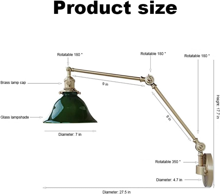Vintage Brass Adjustable Swing Arm Wall Lamp - Foldable Long Arm with Glass Shade, Classic Industrial Lighting for Bedroom, Study Desk, Living Room