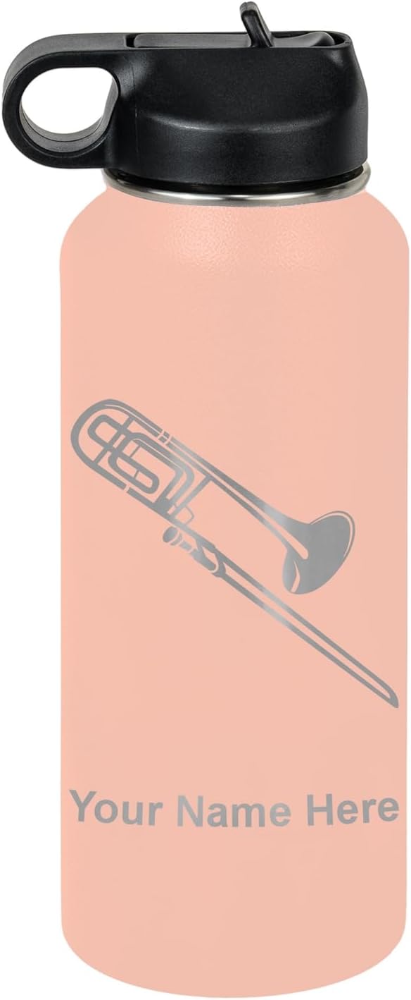 LaserGram Personalized Water Bottle, Trombone, Stainless Steel Double Wall Vacuum Insulated with Flip Top Straw, Custom Engraved Gift (32oz / 950ml Coral)