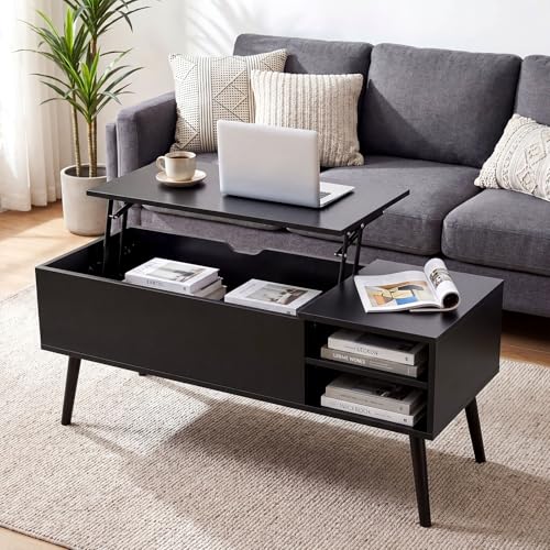 VOWNER Table Basse Relevable,Table Basse de Salon,Moderne Table Basse Rectangulaire avec Tiroir de Rangement,Réglable en Hauteur pour Une Installation Facile
