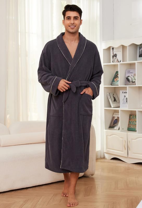 Vulcanodon Mens Shawl Collar Fleece Bathrobe, Soft Warm Long Sleeve Robe with Pockets Spa Robes for Men Cozy Sleepwear - Image 4