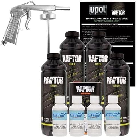 Raptor Truck Bed Liner Kit with Colored GM White Tint and Spray Gun - 4 Liters - Protective Spray On Paint for Coating Trucks, Tailgates, Vehicle Undercoating - Tintable Bedliner Formula Cover