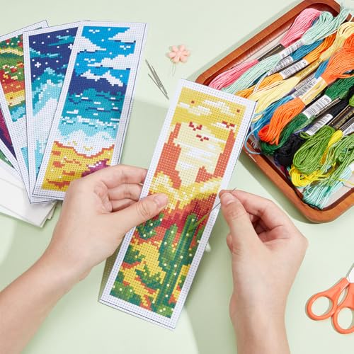 Image of INFUNLY 6PCS Landscape Cross Stitch Bookmark Kit for Adults Mountain Cross Stitch Kits DIY Crossstitch Kits Natural Scenery Stamped Embroidery Bookmark Kit with Instructions for Book Lovers Readers