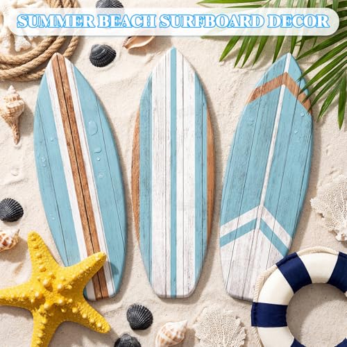 Yookeer 3 Pcs Surfboard Wall Decor,36\" x 12\" Large Wooden Surfboard Wall Art Set, Beach Room Decor Aesthetic Cute Beachy Tropical Surf Board Art for Surfer Bedroom Decoration(Blue,Cute)