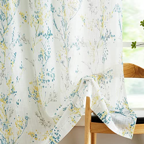 Image of Treatmentex Tree Semi Sheer Curtains for Living Room Bedroom Teal Yellow and Grey Branch on White Window Curtains 63 inch Long Watercolor Print Curtain Panels Grommet Top 2pcs