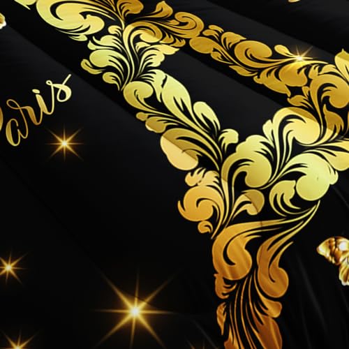 Image of AILONEN Eiffel Tower Comforter Set Queen Size,3 Pieces Black Gold Flower Butterfly Bedding Set,Romantic Tower Printed Quilt and 2 Pillowcases