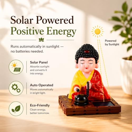 Image of ZAICUS Solar-Powered Moving Head Buddha Monk Statue - Feng Shui Good Fortune Ornament for Car Dashboard, Home and Office