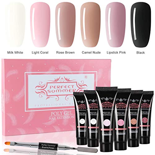 Perfect Summer 6PCS Poly Nail Extension Gel Kit 20g Nail Enhancement Builder Gel French Manicure with 1PCS Brush Pen Nail Starter Set Milk White Pink Nude Black Collection 03