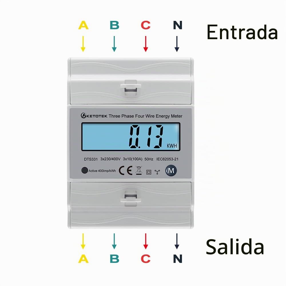 KETOTEK Contador Trifásico Carril DIN Vatímetro de Medida Bidireccional Multifuncional Visualización Trifásica de Consumo de Energía Import, Export y kWh Total, 3 x 230V/400V, 50/60Hz DTS331
