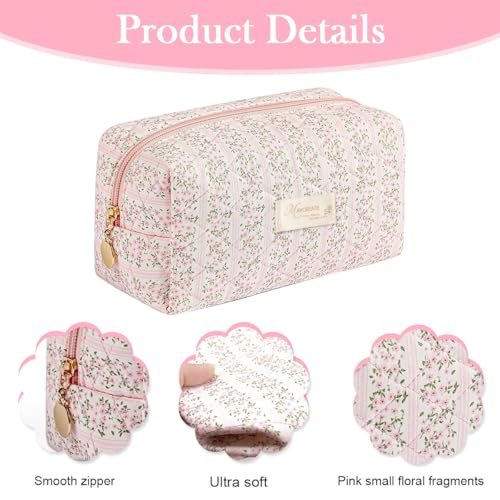 Image of MAYCREATE Makeup Organizer Bag, Floral Prints Cosmetic Makeup Pouch Bag, Large Capacity Travel Toiletry Pouch for Women, Portable Soft Zipper Cloth Storage Bag - Pink, 20.5x9x9.5cm | Travel Toiletry Pouch for Women, Portable Soft Cloth Storage Bag, Pink, 20.5x9x9.5cm