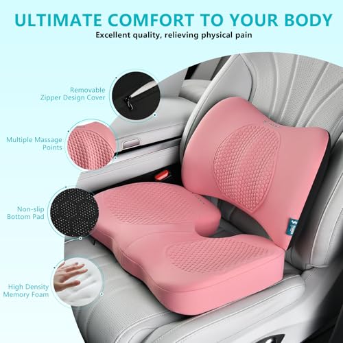 Image of FLORICH Car Seat Cushion and Back Support for Office Chair Memory Foam Chair Cushions Pressure Relief Seat Pads with Gel Massage Point Lumbar Support Relief Sciatica & Tailbone (Light Pink)
