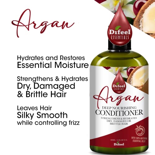 Difeel Essentials Deep Nourishing Argan Conditioner 12 Oz. - Conditioner For Dry, Damaged Or Frizzy Hair, Sulfate Free & Made With 100% Essential Oil #TOP2