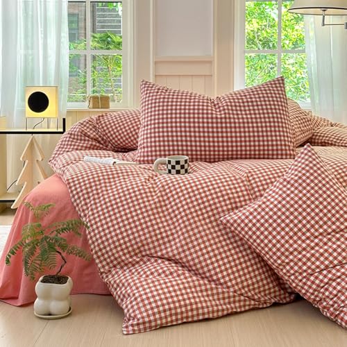 Image of LifeTB Gingham Comforter Set King Vintage Plaid Checkered Pattern Comforter Lightweight Soft Gingham Bedding Red Orange Grid Comforter with 2 Pillowcases Farmhouse Checkered Comforter Set