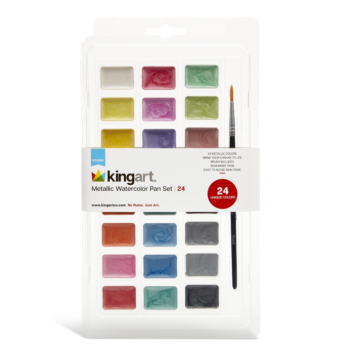 KINGART Watercolor Pan Set, 24 Unique Metallic Shades, Includes Paint Brush