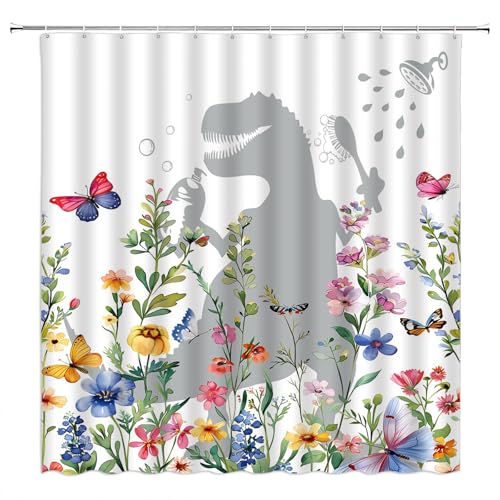 DSMEUE Floral Dinosaur Shower Curtain Wildflower Funny Dino Rustic Boho Plant Leaf Gray Green Red Fabric Curtain with Hooks for Bathroom Decor 70x70 Inch
