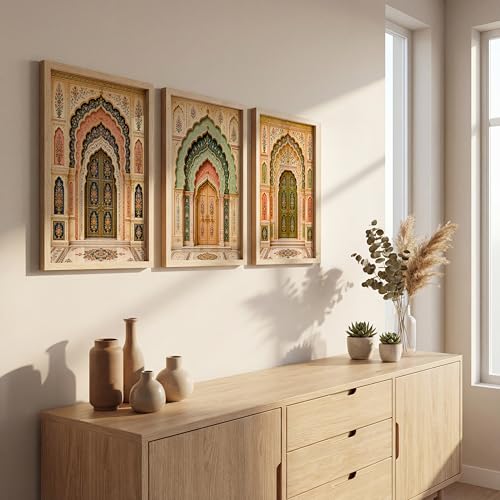 Image of NoWorries Arch Wall Art Set of 3 Framed Prints | Indian Traditional Palace Door Painting, Royal Rajasthani Architecture Poster, Vintage Floral Ethnic Wall Decor for Living Room Bedroom Home (Synthetic Engineered Wooden Frame) (MIN -3, 10x13 inches)