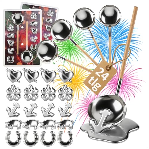 Robin Goods® 24-teiliges Zinngießen-Set mit Figuren und Holzstiel-Löffel - Silvestergießen Partyspiel zum Wahrsagen & Orakeln - Gesunde Alternative zum Bleigießen - Familien-Spaß