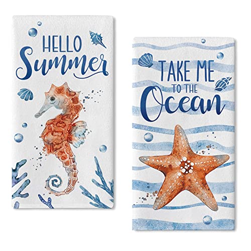 Seliem Hello Summer Sea Horse Starfish Kitchen Dish Towel Set Of 2, Conch Coral Coastal Hand Towel Nautical Drying Baking Cooking Cloth, Take Me To The Ocean Seasonal Home Kitchen Decor 18X26 Inches #TOP16