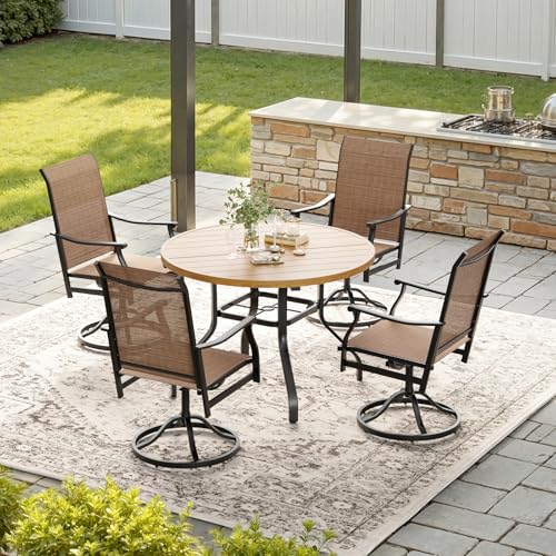 Image of Soohow Patio Dining Set for 4, 5-Piece Round Outdoor Dining Set 4 x Swivel Patio Chairs and 41 inch Round Outdoor Dining Table with 1.57 inch Umbrella Hole, Wood-Like, for Poolside, Backyard
