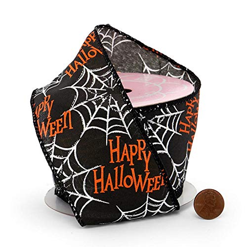Image of Happy Halloween Spiderwebs Wired Ribbon - 2 1 /2 inch x 10 Yards, Black, Orange, White, Bows, Wreath, Party Decor, Fundraiser, School Dance, Haunted House Decoration, Trick or Treat