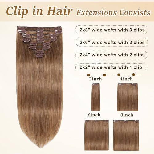 Image of Chestnut Brown Hair Extensions Real Human Hair Clip Ins for Women 22inch | No Tangle, No Shedding, Human Hair Clip in Extensions, Seamless Invisible, Volume, Double Weft, 8PCS, 110g, Straight 22inch