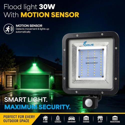 Image of Forus 30W LED Flood Light Green with Motion Sensor Auto On Off Day Night Mode Waterproof Outdoor Security Light for Garden Parking Garage Factory Warehouse High Bright Floodlight 4Yr Warranty-1Pc
