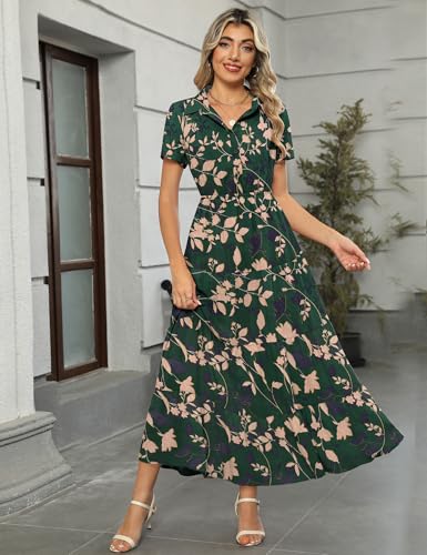Image of Kranda Women 2026 Summer Collared V Neck Short Sleeve Button Down Chiffon Long Tiered Floral Maxi Dress with Pockets