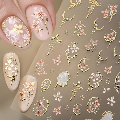Flower Nail Stickers Gold Nail Sticker for Nail Art 5D Embossed Nail Decals with Pearl Design Summer Spring Nail Supplies Self-Adhesive Fingernail Sticker Nails for Women Manicure Floral Decals