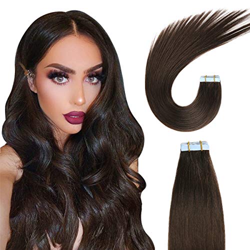 SUYYA Tape in Hair Extensions Darkest Brown 100% Real Human Hair 12 inches 20pcs 40g/pack Straight Seamless Skin Weft Tape in Hair Extensions(12 inches #2 Darkest Brown)