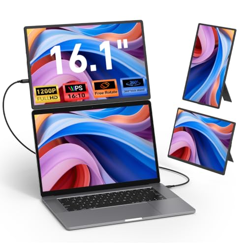 Image of 16'' Laptop Screen Extender, 360 Rotating Detachable Stand /VESA Support, FHD 1200P IPS Portable Monitor, Plug & Play with HDMI /USB-A /Type-C, Compatible Win /Mac /Android