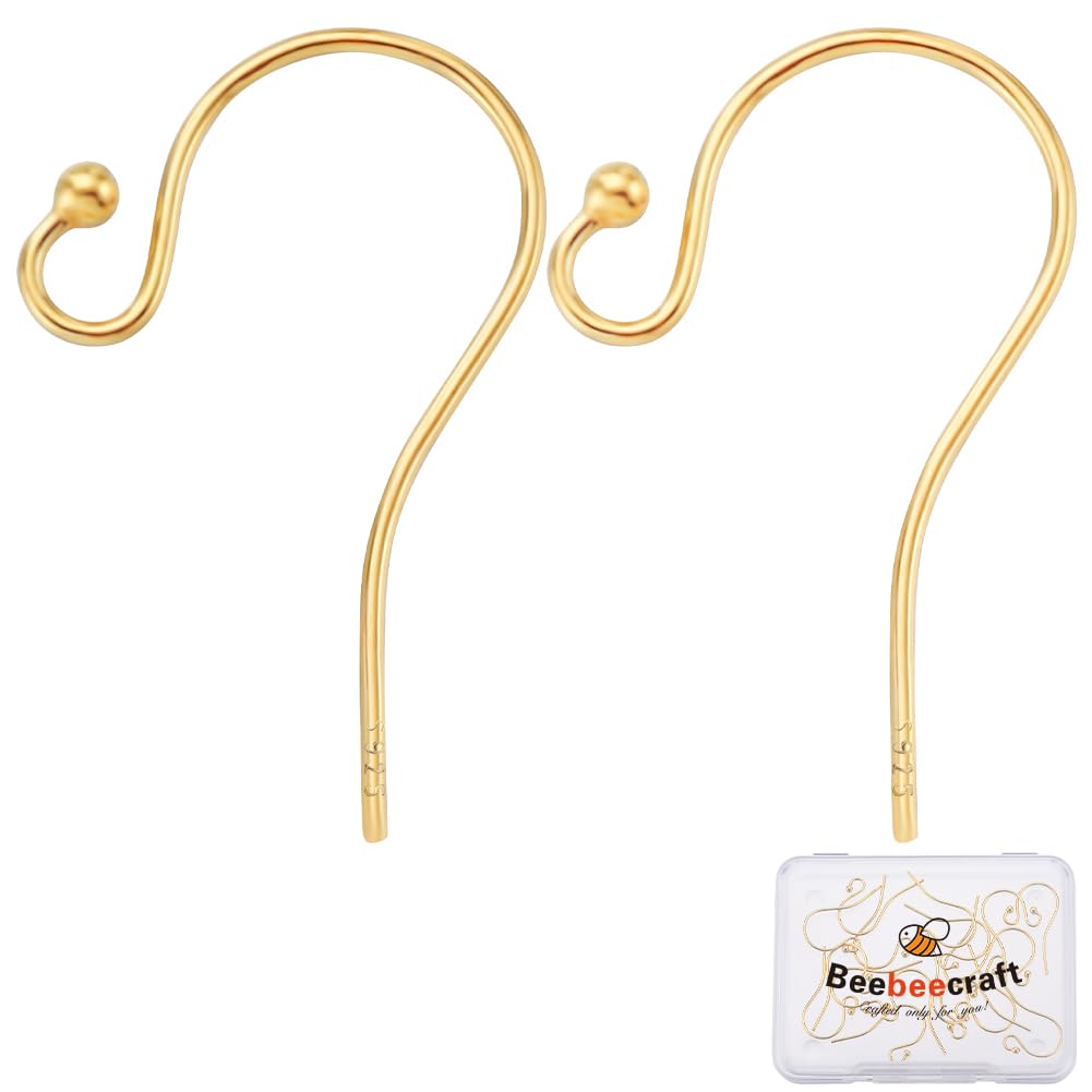 Beebeecraft 1 Box 20Pcs Gold Fish Hook Ear Wires 18K Gold Plated Sterling Silver French Earring Hooks with Ball Dot for Earrings Jewellery Making DIY Craft (Wire 0.7mm/21 Gauge/0.028 inch)