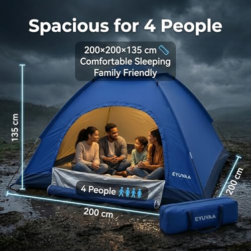 Image of EYUVAA Waterproof Camping Tent for 4 Person (200x200x135 cm),Lightweight Portable Dome Tent with Carry Bag,Easy Setup Windproof Outdoor Tent for Hiking, Backpacking, Picnic & Travel (Random Colour)