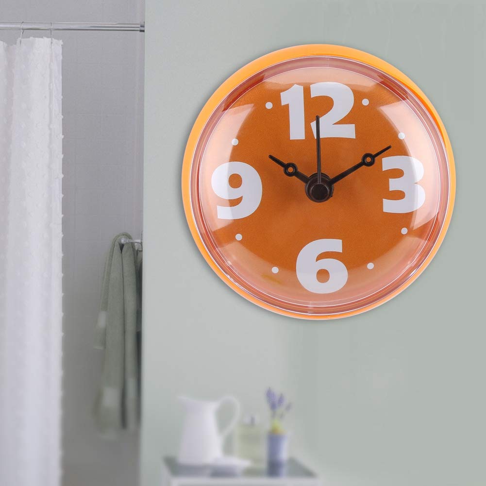 Gsycle Bathroom Mirror Clock, Suction Wall Window Mirror Bath Shower Clock Round Face Arabic Digital Dial Bath Shower Clock for Bathroom Pool Supplies (Orange)