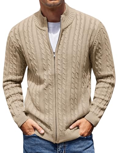 COOFANDY Men's Full Zip Cardigan Sweater Slim Fit Cable Knitted Z...