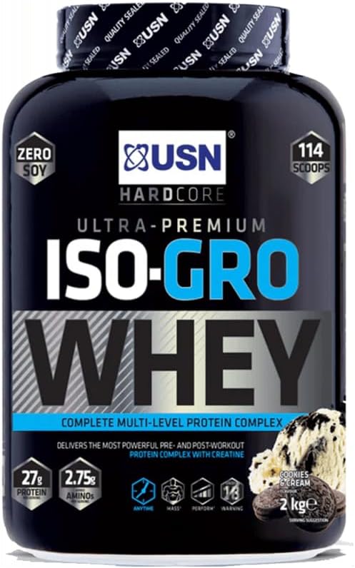 USN Iso-Gro with Milk Protein Isolate, Hydrolysed Beef Peptide and Creatine, Cookies and Cream, 2 kg