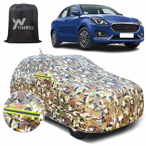 Image of Car Body Cover for Maruti Dzire (2012-2016), 100% Waterproof with Mirror & Antenna Pockets, Military Print Design, UV & Dust Protection, Triple Stitched, Sky Piping & Reflector (Jungle Print)