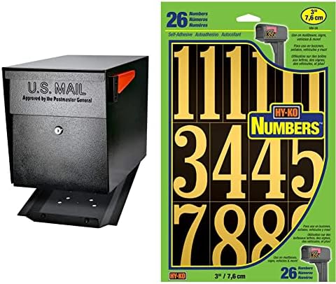Mail Boss 7106 Curbside Steel Post Mount Security Locking Mailbox, Black, Extra Large & Hy-Ko Products MM-5N Self Adhesive Vinyl Numbers 3" High, Black & Gold, 26 Pieces