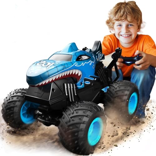 Remote Control Monster Car 2.4GHz All Terrain Remote Control Monster Truck RC Dinosaur Monster Car Spray Music RC Monster Truck for Boys 4-7 8-12 and Girls Birthday Gift For Boys and Girls (blue)