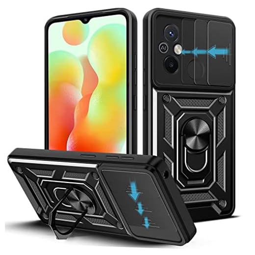 Loyhee Funda para Xiaomi Redmi 12C (6.71"), Protección de la Cámara Carcasa con Cubierta de Cámara Deslizante y Soporte de Anill PC Dura y TPU Silicone Anti-Choque Case – Negro