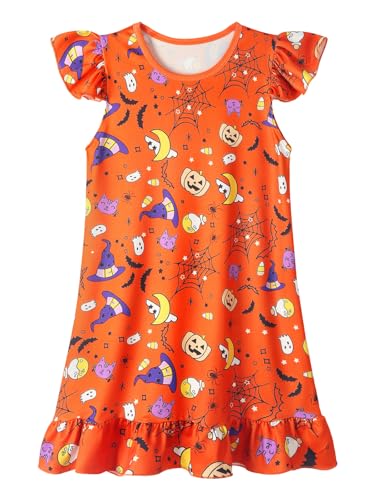 WonderBabe Girls Halloween Nightgowns Flutter Sleeve Pajamas Dress 3D Pumpkin Halloween Printed Princess Nightdress Girl Pajamas Size 6-7 Orange