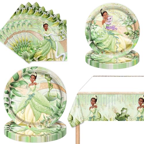 CHAMPBULL 41Packs Birthday Decorations Include 20 Plates 20 Napkins and 1 Tablecover for Birthday Party Supplies (Tiana)