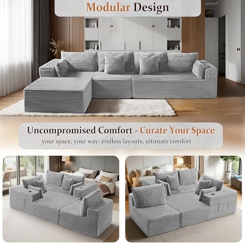 Image of 138 inch Oversized Cloud Sectional Couch, Comfort L Shaped Boneless Couch for Living Room, Extra Deep Seats No Assembly, Minimalist Modular Sofa, Corduroy (Light Grey, 3 seater+Right Facing Chaise)